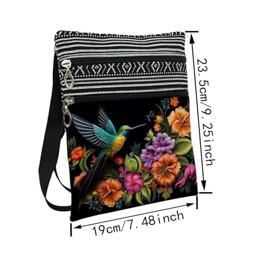 Floral Hummingbird Messenger Bag Small Ethnic Pattern Printed Adjustable Strap Crossbody Zipper Bag Floral Hummingbird Phone Bag Wallet Cute Shoulder Handbag for Women Friends -32