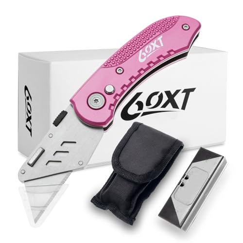 60XT Utility Knife Folding Safety Lock & Quick Change with 10 Extra SK5 Replacement Blade Lightweight Aluminum Handle & Pocket Clip Multi-Use Box Cutter Office Home Art Diy Great Gift Choice (Pink)