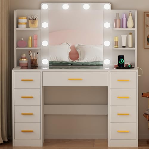Bewishome Dressing Table With Mirror And Lights,Vanity Desk With Glass Top & Power Outlet,Modern Vanity Table With 9 Drawers And 4 Storage Shelves,White Makeup Desk For Bedroom YFST39W - 7