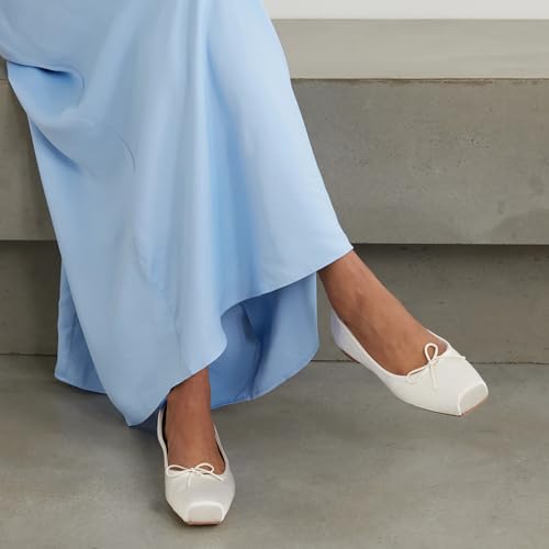 Women Square Toe Ballet Flats Bow Slip On Ballet Dress Shoes Satin Comfy Closed Square Toe Flat Shoes Wedding Bridal Walking Office Ladies Flats Drive Casual Ballet Shoes 4-11 M US2