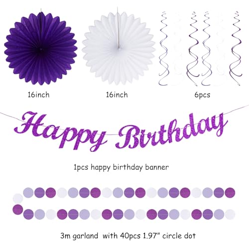 Image of Purple Lilac-Lavender White Women Birthday Party-Decorations - 21pcs Happy Banner,Paper Lanterns,Tissue Pom Poms Flower Fan,Honeycomb Ball,Hanging Streamers Garland, Girls Decor Supplies Huglony