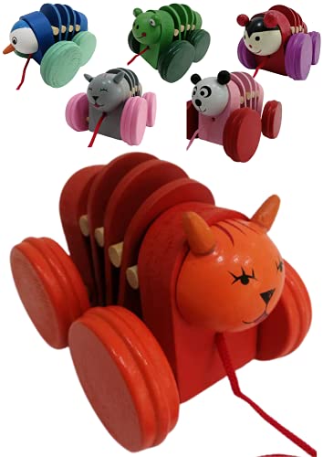 Juguete de Madera para Arrastre con Ruedas para los Niños y Niñas. 1 Unidad. (Colores ALEATORIOS EN TU Pedido) ecológica para la diversión Sana de los niños. Modelo Animales acordeón Cover