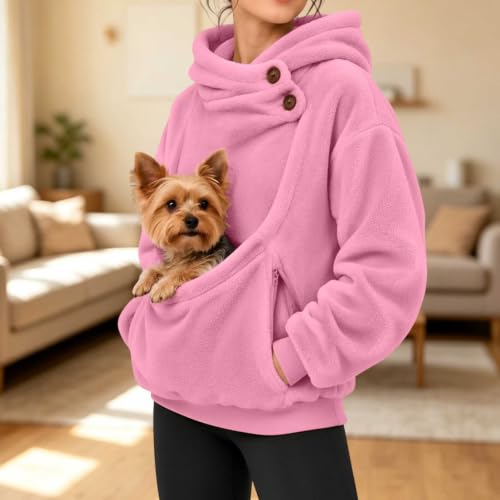Hoodie with Dog Pouch Pet Pouch Hoodie Womens Fleece Button Collar Zip Pockets Travel Errands Chaquetas De Mujer Invierno Drsl Capsule Wardrobe for Women 2026 Pink - image 3