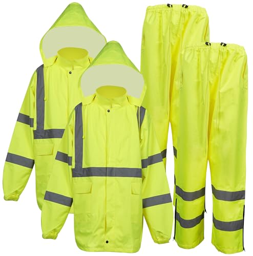 OrangeGear® High Visibility Hooded Class 3 Heavy Duty Lime Waterproof Rain Jacket & Pant Suit (2 Pack) (US, Alpha, Large, Regular, Regular, Lime)