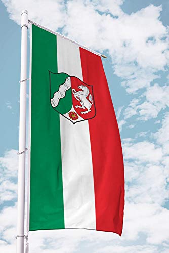 Deitert Bundesland-Flagge NRW – 120x300 cm NRW-Flagge mit Wappen (Dienstflagge), Fahne für Ausleger aus reißfestem Polyester, NRW-Fahne mit Doppelsicherheitsnaht gesäumt