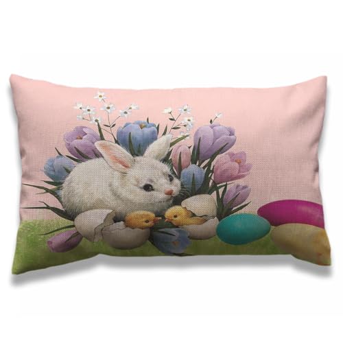 AOYEGO White Rabbit Colorful Eggs Pillow Case 12x20 Inch Easter Flower Chick Rectangle Throw Pillow Covers Home Decor Cotton Linen Cushion for Men Women Boys Girls
