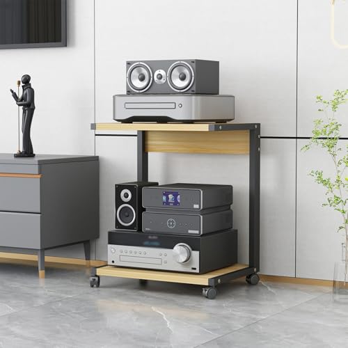 Meuble TV moderne couleur teck avec roulettes et double plateau compact - 7