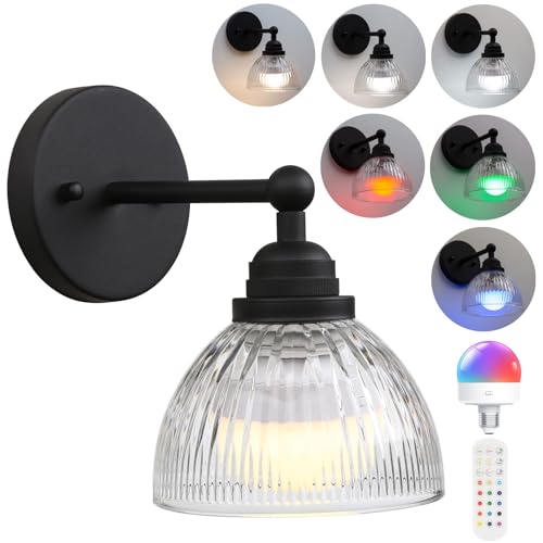 Image of Phansthy Industrial Rechargeable Battery Operated Wall Sconce with Remote Control, Clear Striped Glass Shade Wall Lamp, Vintage Dimmable Indoor Wall Light for Bedroom Living Room Restaurant (Black)