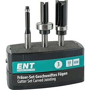 ENT 09040 Set met 3 frezen voor gebogen verbindingen en voor gebogen lijmvoegen. Alle frezen met 8 mm schacht. Geleverd in stabiele kunststofbox.