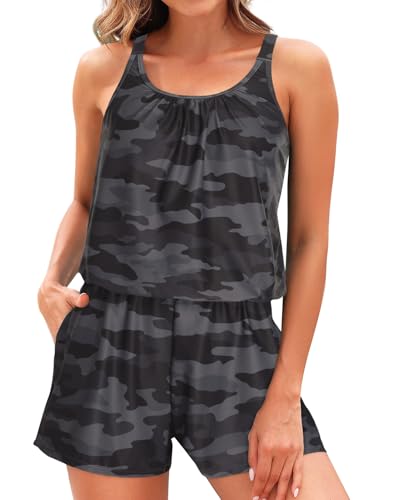 Image of Tempt Me Romper One Piece Swimsuits with Short - Women Boyleg with Pockets Bathing Suit Modest Swimwear