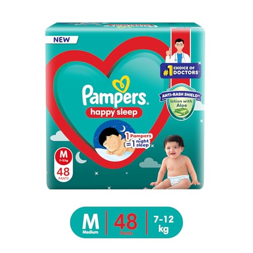 Image of Pampers Happy Sleep Pant Style Baby Diapers, Medium (M), 48 Count, 1 Pampers = 1 Night Sleep, with Anti Rash Shield, 7-12 Kg Diapers