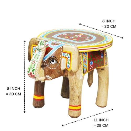 Image of Hand-Crafted and Colorful Emboss Painted Wooden Elephant Shape Stool Cum Gardan Table,Decorative Showpiece (8 Inches Height, Natural)