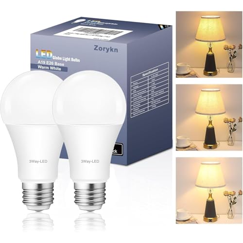 Zorykn 3 Way Light Bulbs 50 100 150 Warm White, A19 3000K, 5/10/15W Energy Saving 500 1000 1500 Lumens, E26 Base LED Bulbs Perfect for Reading, 2 Pack