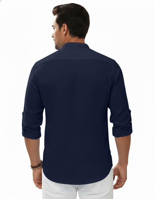 Image of Macsivo Men's Cotton Blend Solid Short Kurta with Regular Lenth Mandarin Neck Full Sleeves and roll-up tab| Kurta Style Shirt for Men