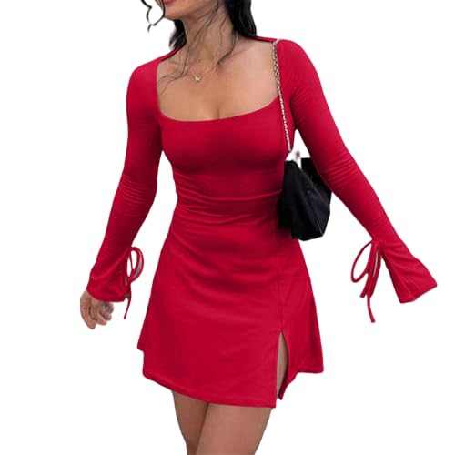 owsber Vestidos de cóctel para mujer, color liso, manga larga, con abertura, para fiesta de verano, Rojo -, XL
