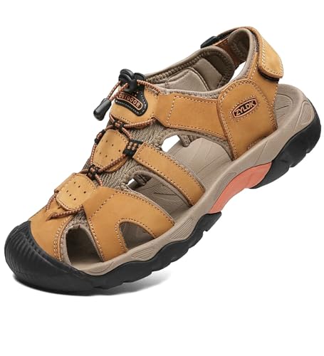 ZYLDK Sports Outdoor Sandals Summer Men's Beach Shoes Casual Sandals for Men Closed-Toe Shoes Leather Trekking Walking Hiking Touch Close Strap Yellow UK10