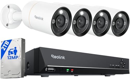 REOLINK 12MP Security Camera System, 4pcs H.265 12 Megapixel UHD 120° FoV PoE Surveillance Cameras, Person Vehicle Pet Detection, Spotlight Color Night Vision, 8CH NVR with 2TB HDD, RLK8-1200B4-A