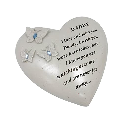 Personalised Grave Ornament/Memorial Plaque with Heart With 3 butterflies & Blue Gems | Graveside Decoration Gift in the Loving Memory of your Loving Deceased Ones (Daddy)