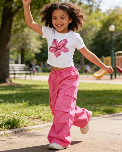 Image of Betusline Girls 2 Piece Outfits Short Sleeve Crop Top & Parachute Cargo Pants Set,4T-14 Years