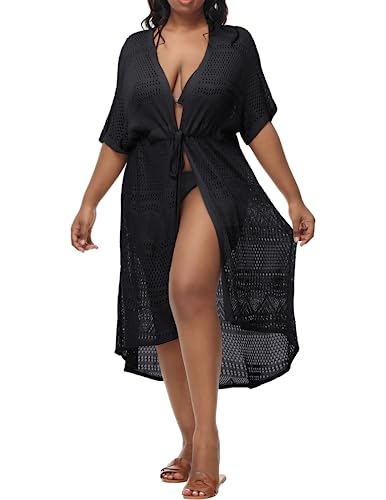 Hanna Nikole Women Plus Size Long Cover-ups for Swimwear Open Front Tie Beach Kimono Cardigan Flowy Beachwear