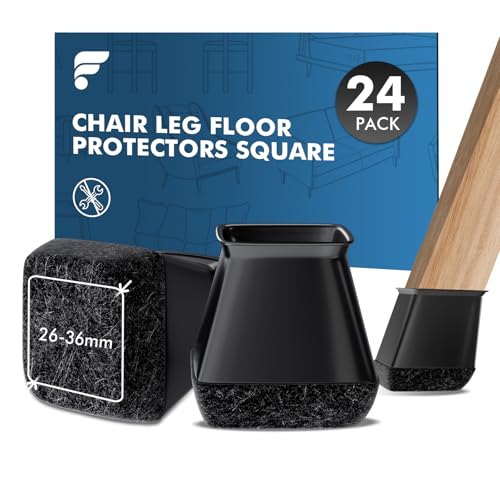 shinfly 24 Pièces Protection Pied de Chaise, Carré Patins pour Chaises en Silicone avec Feutre épaissi, Protege Pied de Chaise et Sol, Anti-Rayure et Silencieux sur Bois (L fit:30-37mm, Noir)