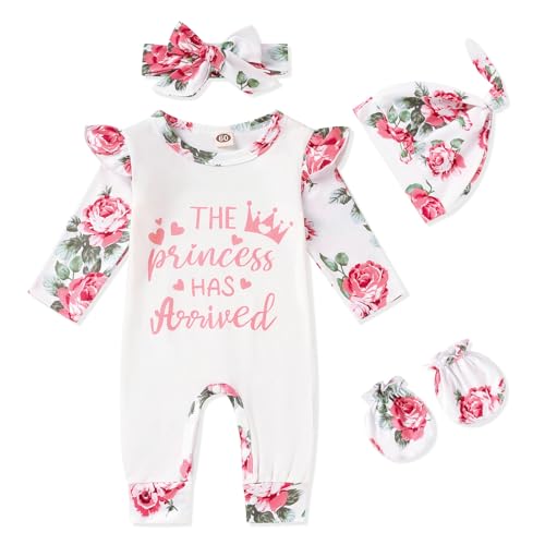 Image of GRNSHTS Newborn Baby Girl Romper Infant Letter Print Jumpsuit Floral Bodysuit+Hat+Headband+Gloves Coming Home Clothes Outfits