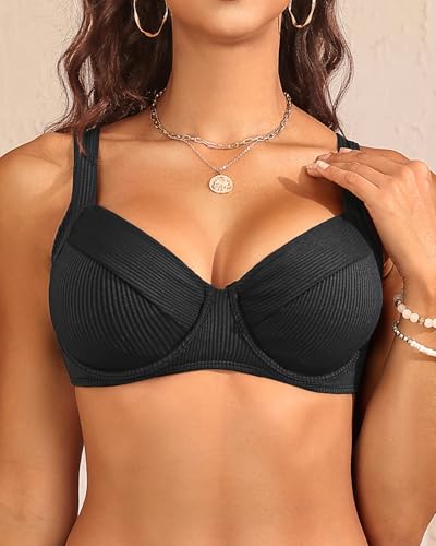 Women's Underwire Push Up Bikini Top - Ribbed Swim Bra 2025 Large Bust Bathing Suit Tops2