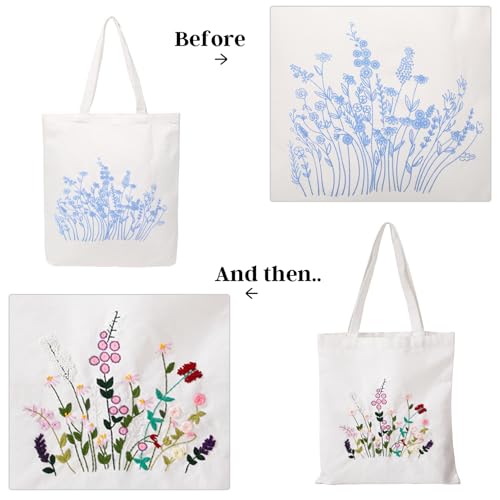 Image of VIVOLOOM Canvas Tote Bag Embroidery Kit for Beginners, DIY Needlepoint Kit with Unique Pattern, Include Instruction, Colorful Threads, and Tools for Adults