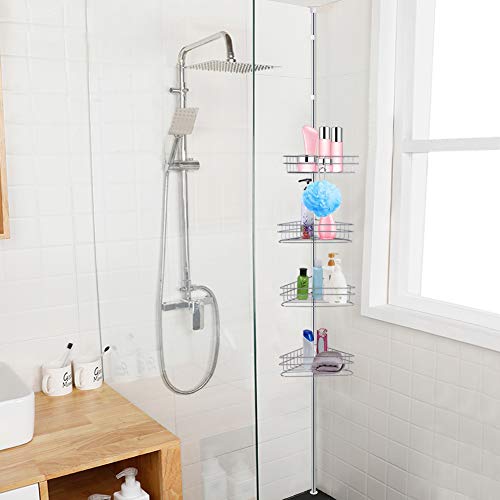 Estantes Baño Telescópica, Estantería para Ducha en Metal de Esquina,Soporte de Cromado con 4 Cestos y Toallero Altura Ajustable 233-243cm, Plata