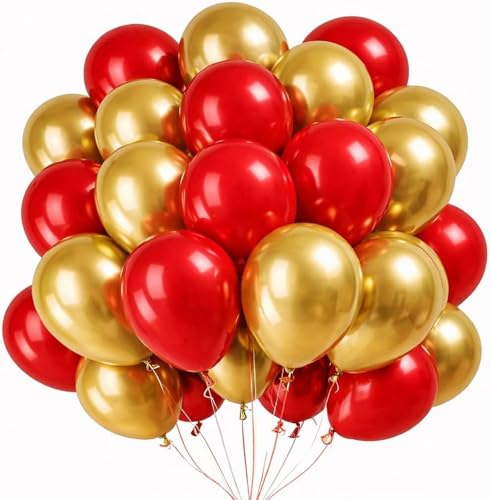 Image of Gold Chrome Metallic Balloon Decoration Set - 50 Pcs Gold Chrome & Red Latex Balloons for Birthday, Anniversary, Engagement, Wedding, Love Theme & Festival Party Decorations
