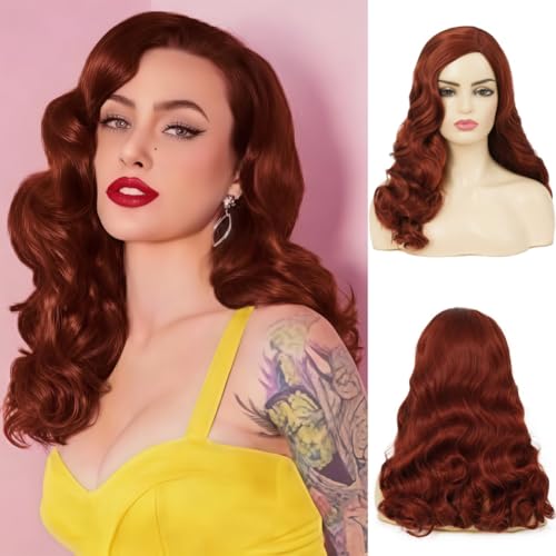 Image of Swiking Long Red Brown Curly Wig for Women Vintage Finger Wavy Wigs Natural Looking Cosplay Daily Wear Wig