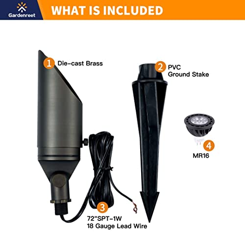 Gardenreet Landscape Spotlight Wired, Solid Brass 12V Ac/Dc Low Voltage Led Outdoor Spot Lights Bronze Adjustable For Yard, Wall, Lawn, Tree, Patio, Garden With 5W Mr16 Bulb 2700K Warm White #TOP6