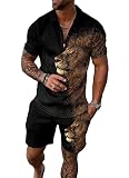 2XL Black Mixed Gold Lion Mens Short Sets 2 Piece Outfits Fashion Summer Tracksuits Casual Set Polo