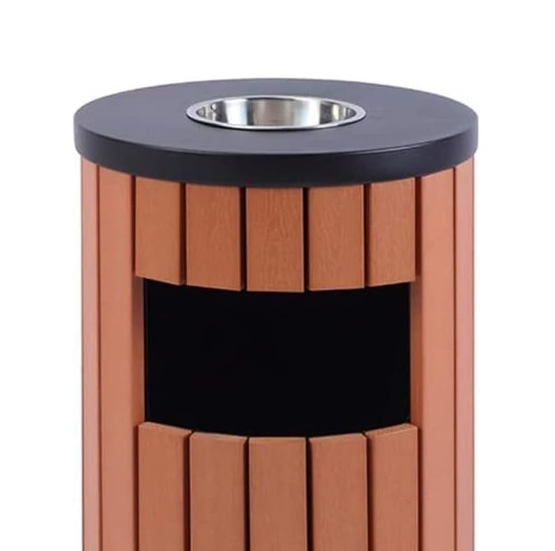 PLMNBQWE Großer Abfalleimer für den Außenbereich mit runder Mülltonne aus Stahl für den Garten. Stilvolles Design mit Holzstreifen. Robuster Standmülleimer zur Müllentsorgung – Bild 5