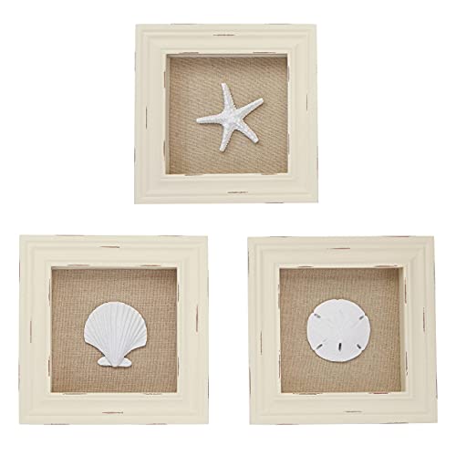 Beachy Set of 3 Shell Shabby Chic Shadow Boxes- Creamy Off White Frame 7" x 7" - Starfish, Sand Dollar and Clam Shell Mounted on Fabric Background by Tumbler Home - Image 4