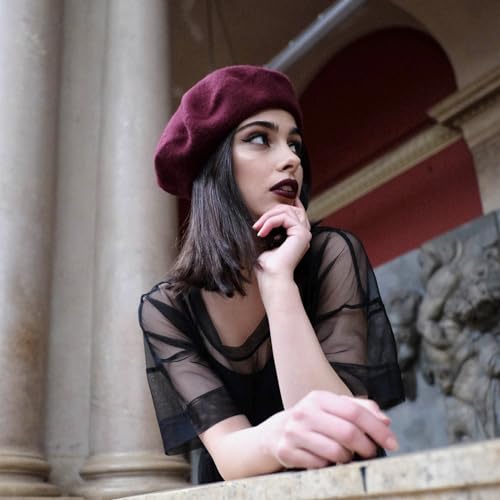 Gllutt Wool Beret Hat French Style Women Solid Color Thicken Warm Multiple Wear Ways (Wine Red)