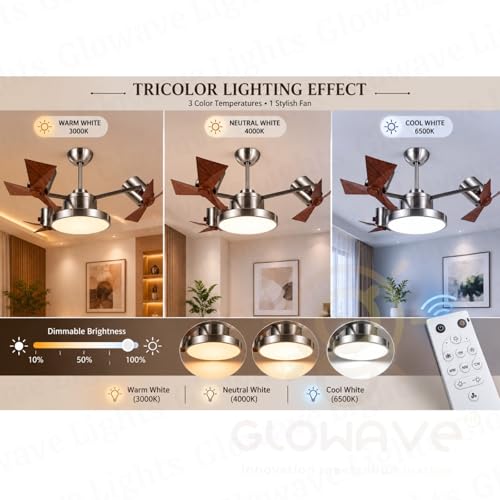 Image of Glowave Modern Antique Brass Finish Multi Head Wooden Texture 3 Blade Ceiling Fan with LED Light & Remote Control Fan for Kitchen, Cafes, Hotels, Dining, Bar - Tricolor (FI-7820 /NI)