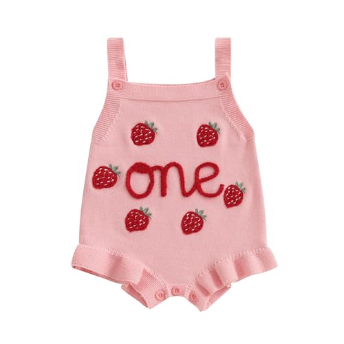 Baby Girl Birthday Outfit Knit Bubble Romper One Year Old Strawberry Embroidery Ruffle Sleeveless Bodysuit Clothes