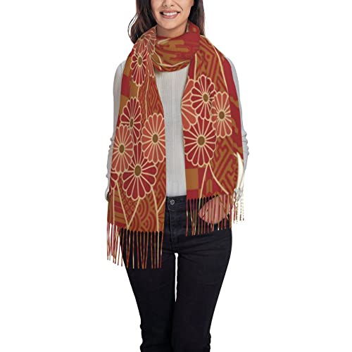 Écharpe noire à franges contre le vent frais, foulard imprimé grues confortable