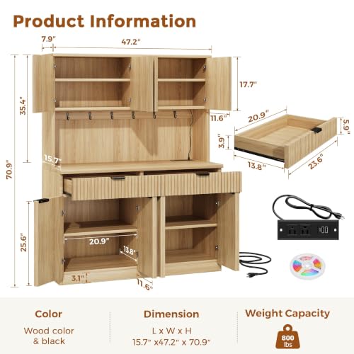 Image of Fluted Kitchen Pantry Storage Cabinet with Charging Station & LED Lights,71 inch Tall Kitchen Hutch with Microwave Stand, Adjustable Shelves,Storage Doors for Dining Room Living Room (Natural, 47*15.7*71)