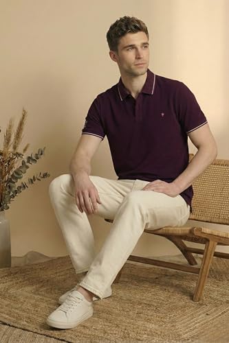 Image of Louis Philippe Men's Slim Fit Single-Tuck Pique Stylized Sleeve Print and Contrast Tipping Half Sleeve Solid Polo Tshirt