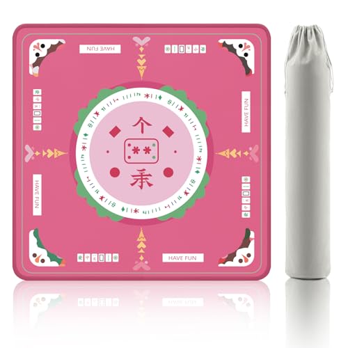 2F22E Mahjong Table Mat for American Mahjong, Neoprene Non-Slip Noise Reduction Mat with Printed Rules, 32.4 x 32.4 Inch Pink Table Cover for Poker, Cards & Board Games