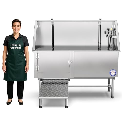 Flying Pig 62" Stainless Steel Pet Dog Grooming Bath Tub with Walk-in Ramp & Accessories (Left Door/Right Drain)