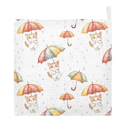 vvfelixl Baby Muslin Washcloths Kitten Hold Umbrella Baby Burp Cloths Cotton Babys Face Towel for Newborn Infants Boys Girls Soft and Absorbent 11.8 X 11.8 in, 3 Pack