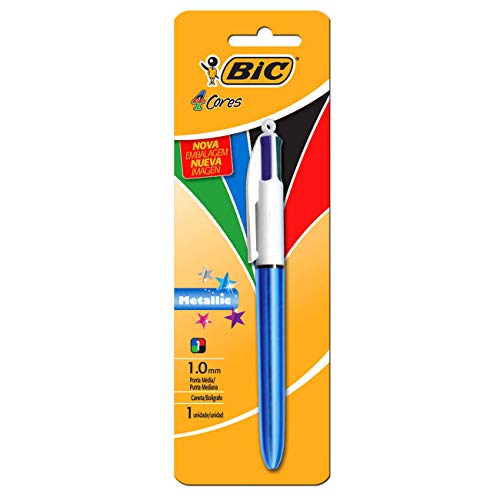 Caneta Bic 4 Cores – Ponta Esferográfica Retrátil Média de 1.0mm – Corpo Azul Metálico, Pacote com 1