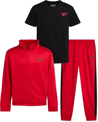 Reebok Boys Joggers Set - 3 Piece Boys Tracksuit Set with Tricot Zip Up Jacket Athletic Cotton T-Shirt and Jogger Sweatpants, Size,