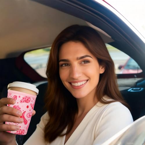 Image of Reusable Insulated Sleeve for Iced Coffee Cup, Coffee Neoprene Sleeve for Cold & Hot Drinks, Beverage Holder for Iced Coffee (Pink Cowgirl, Large: 32oz)