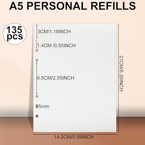 A5 Papier Gepunktet,A5 6 Ringordner Planer Einsätz 135 Blätter Nachfüllpapier Nachfüllbare Refill Paper Nachfülleinlagen für Notizbuch Skizze Tagbuch Malerei Bullet Journal