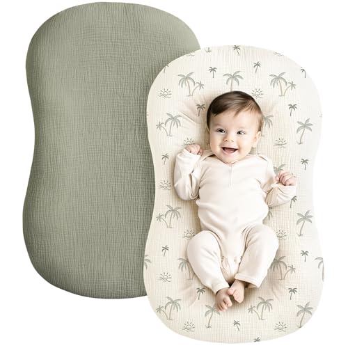 Image of Konssy Muslin Baby Lounger Cover 2 Pack, 100% Cotton Newborn Lounger Cover, Soft and Breathable Baby Nest Slipcover for Boys Girls (Tree,Fog Green)