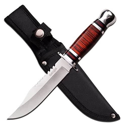 Survivor - Fixed Blade Knife - 10.5-inches Overall, Satin Finish Clip Point Blade w/Sawback, Brown Wood Handle, Includes Nylon Sheath - HK-782S- Hunting, Camping, Survival - Prep. Survive. Thrive.